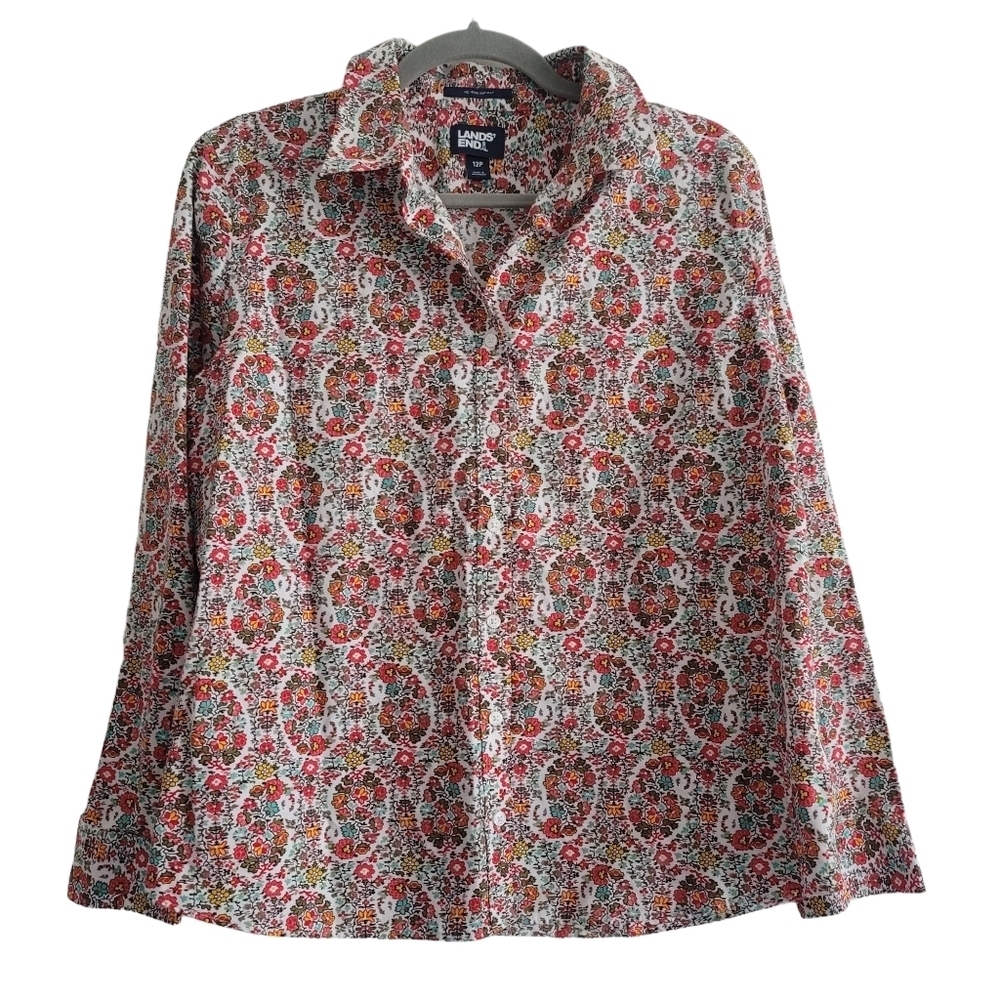 Lands' End 12P Floral Paisley Button Up Long Sleeve Cotton Shirt Petite No Iron